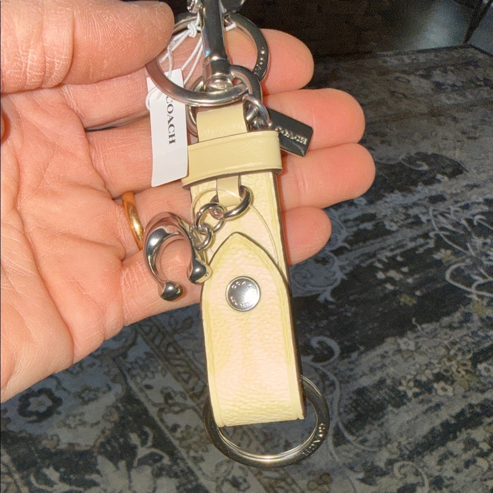 Coach Pale Yellow Leather Keychain with Silver Hardware